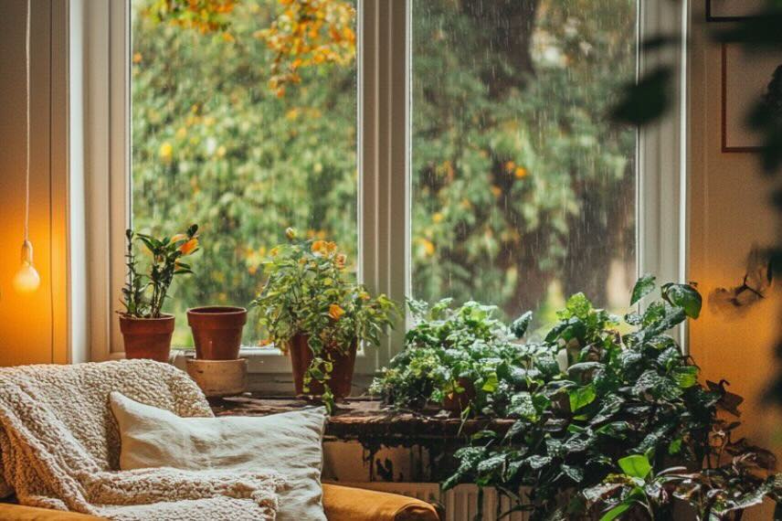 dark interior with plants